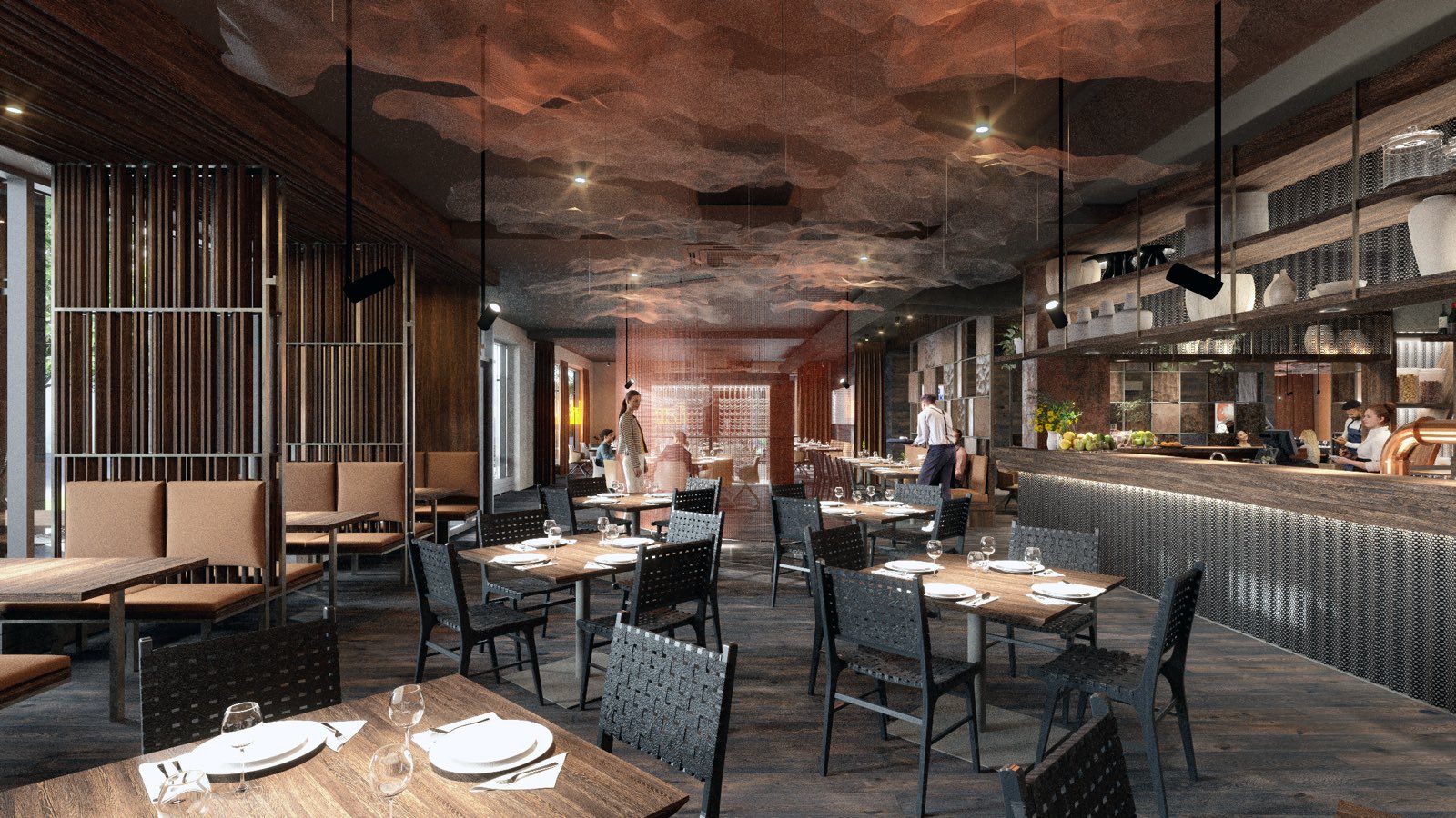 Bar a otevřená kuchyně restaurace FLANK