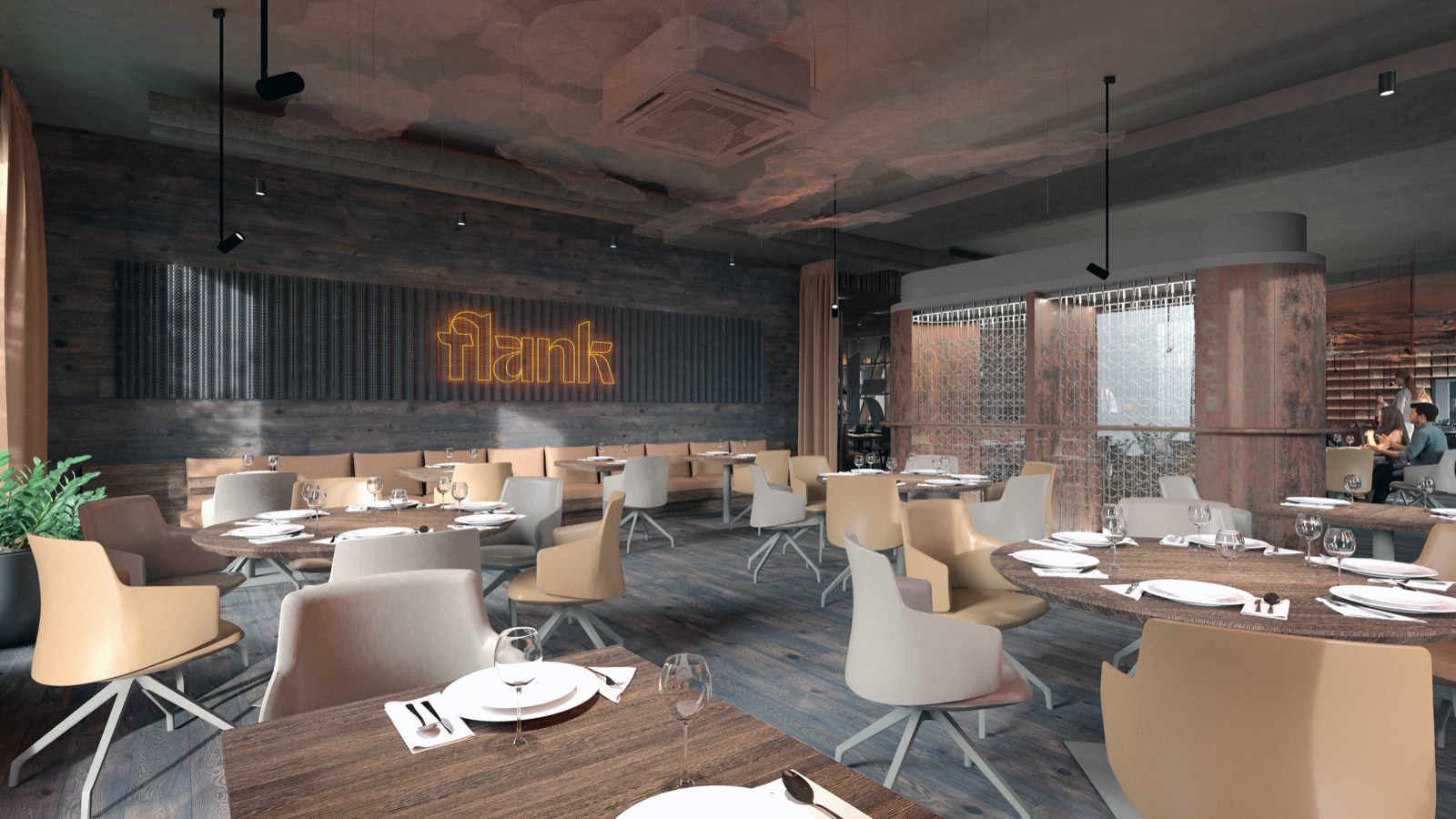 Interiér restaurace FLANK s neonovým nápisem na stěně